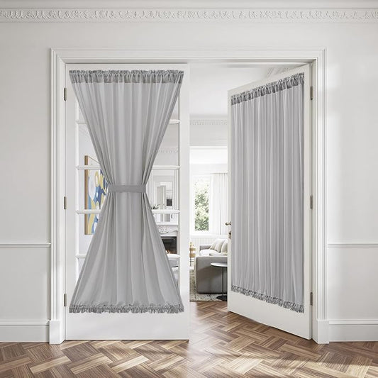 MIULEE Non-See-Through French Door Curtains for Doorway, Privacy Semi Sheer Curtains for French Doors, Light Filtering Rod Pocket Window Drapes with Tie Back, Grey, 54 x 72 inches, 2 Panels