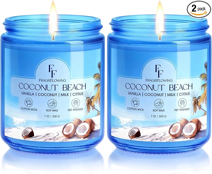 Coconut Beach Scented Candle, Natural Soy Wax Jar Candle for Home Scented, 100-Hour Burn Time Gifts for Women Men, 7 oz (2 Pack)