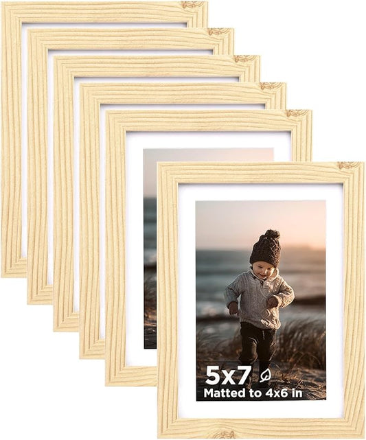 KINLINK 5x7 Picture Frame Wood Grain Set of 6, Wooden Photo Frame Matted 4x6 with Plexiglass for 4x6 with Mat or 5x7 without Mat for Table and Wall Display