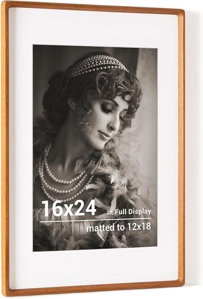 16x24 Poster Frame, USA-Sourced Teak Wood Picture Frame with HD Tempered Glass, Handcrafted Rounded Corner 16 x 24 Wooden Frames Matted to 12x18 Photos, Horizontal or Vertical Wall Display