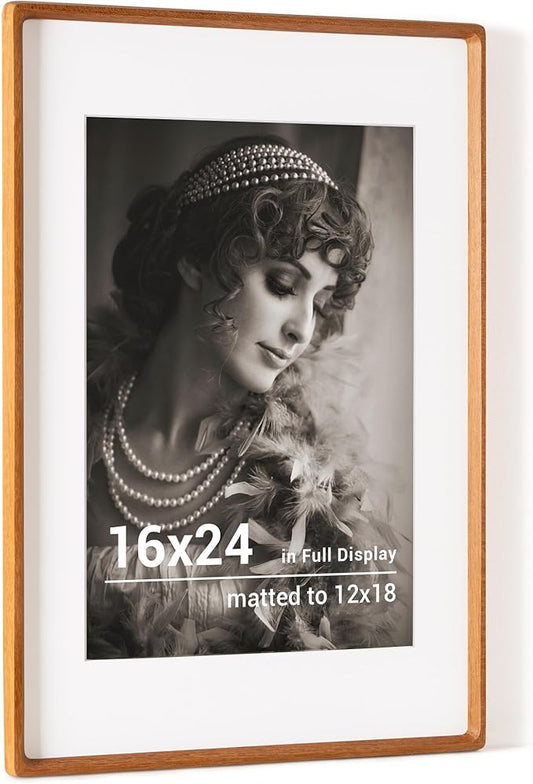16x24 Poster Frame, USA-Sourced Teak Wood Picture Frame with HD Tempered Glass, Handcrafted Rounded Corner 16 x 24 Wooden Frames Matted to 12x18 Photos, Horizontal or Vertical Wall Display