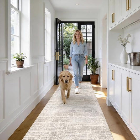 2x12 Washable Hallway Runner Rug - Modern Abstract Neutral Long Carpet with Non-Slip Backing Low-Pile Stain-Resistant Thin Runners for Kitchen Bathroom Bedroom Entryway (2x12, Beige)