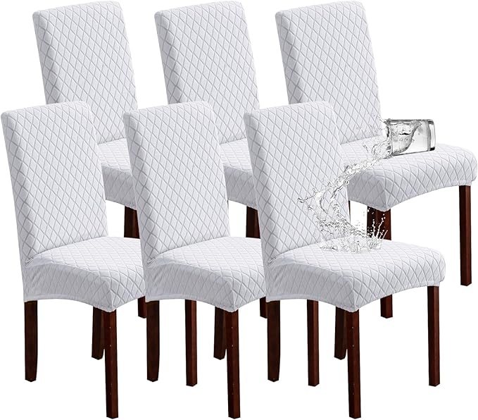 Genina Waterproof Chair Covers for Dining Room, Stretch Jacquard Dining Chair Slipcovers Removable Washable Chair Protector for Kitchen, Parsons (Argyle-White, 6 PCS)