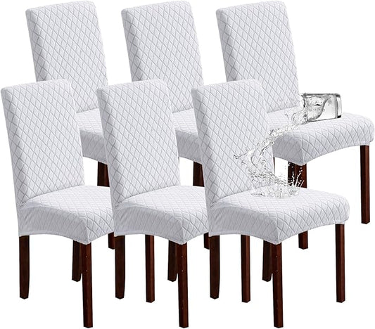 Genina Waterproof Chair Covers for Dining Room, Stretch Jacquard Dining Chair Slipcovers Removable Washable Chair Protector for Kitchen, Parsons (Argyle-White, 6 PCS)