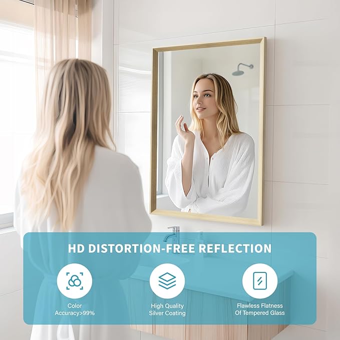 Oak Wood Effect Framed Wall Mirror, 20x30 Rectangle Mirror, Anti-desilvering Tempered Glass, Sustainable& Sturdy Frame, Farmhouse Mirror, Anti-Rust, 3min Fast Setup for Bathroom Living Room