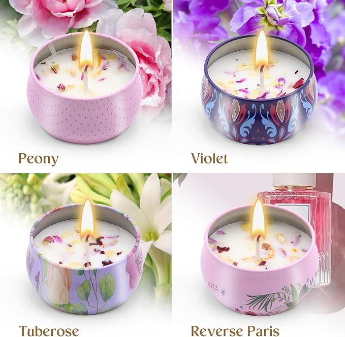 Scented Candles Gift Set for Women Soy Candles 4 Pack Natural Aromatherapy with Dried Flowers in Reusable Tins Relaxation Gift for Birthday Mother's Day Valentine's Day Christmas New Home