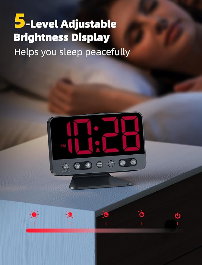 Odokee Digital Alarm Clocks for Bedrooms with Large Bold Number | Electric Desk Clock with Night Light & Brightness Dimmer - Loud Alarm for Heavy Sleepers with Adjustable Volume - Red - Image 4