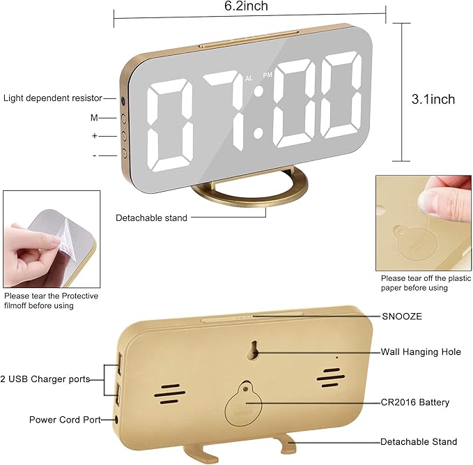 Sukeen Digital Alarm Clock,6" Large LED Display with Dual USB Charger Ports | Auto Dimmer Mode | Easy Snooze Function, Modern Mirror Desk Wall Clock for Bedroom Home Office for All People (Gold)