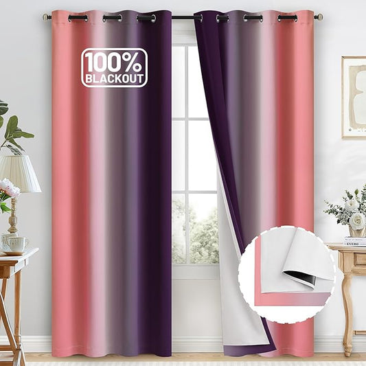 COSVIYA Dark Pink and Dark Purple 100% Blackout Curtains for Bedroom with White Back, 2 Thick Layers Full Room Darkening Thermal Insulated Grommet Drapes, 52x84 Inch, 2 Panels