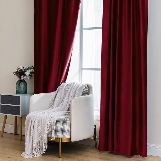 MIULEE Velvet Curtains 2 Panels Luxury Blackout Curtains for Bedroom Living Room Thermal Insulated Super Soft Christmas Window Drapes Rod Pocket & Back Tab, Burgundy Red, W52 x L72 inches