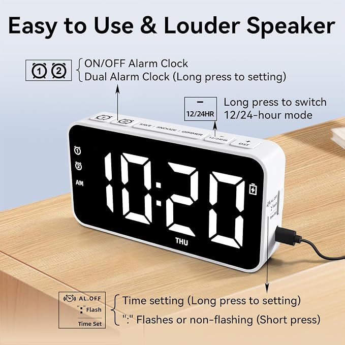 Plug in Digital Alarm Clocks with Rechargeable Backup Battery for Bedrooms Living Room Study Loud Bedside Desk Clock with Memory Function Dual Alarm 3 Modes Weekends Weekdays Every Day for Kids Adults - Image 3