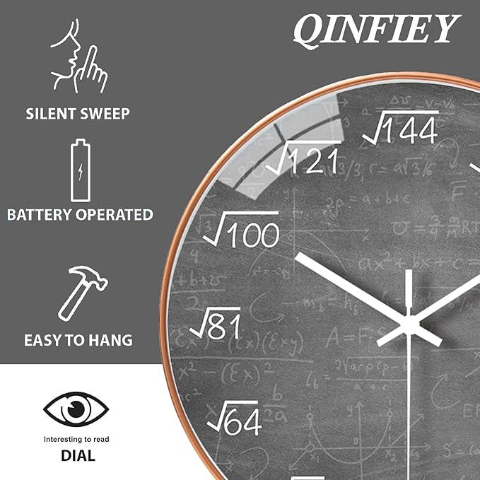 10 Inch Math Wall Clock Silent Non Ticking Movement Quality Quartz Wall Clock for Office Classroom/School/Home/Kitchen/Living Room Wall Decorations (Grey)