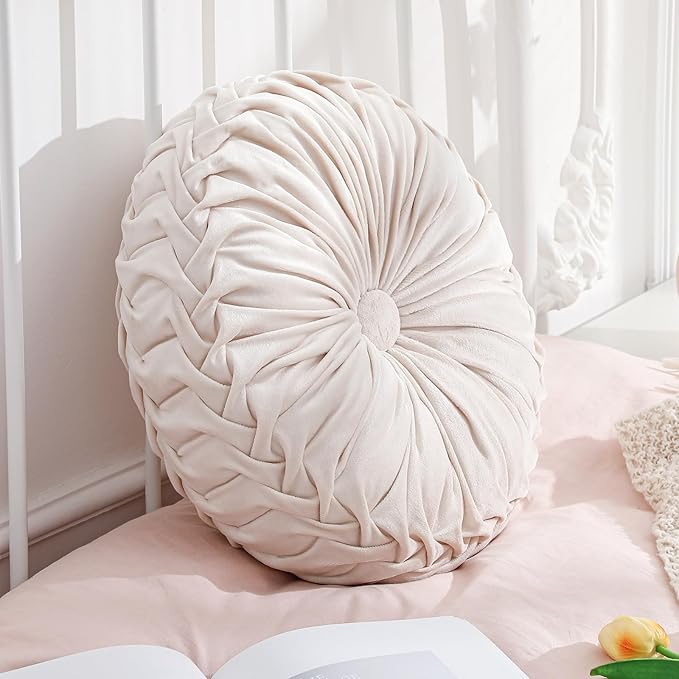 Drydiet 1 Pcs Round Throw Velvet Pillows Decorative Pleated Throw Pillows 15'' Diameter Accent Pumpkin Boho Chair Cushion for Couch Sofa Home Decoration (Beige)