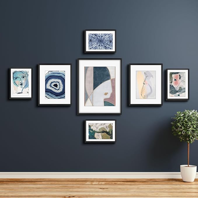 Frametory, Black Aluminum Picture Frame with Removable Mat - Set of 7 Includes Four 5x7, Two 8x10, One 11x14 - Real Glass Front - Simple Gallery Wall Frames for Art Prints and Posters