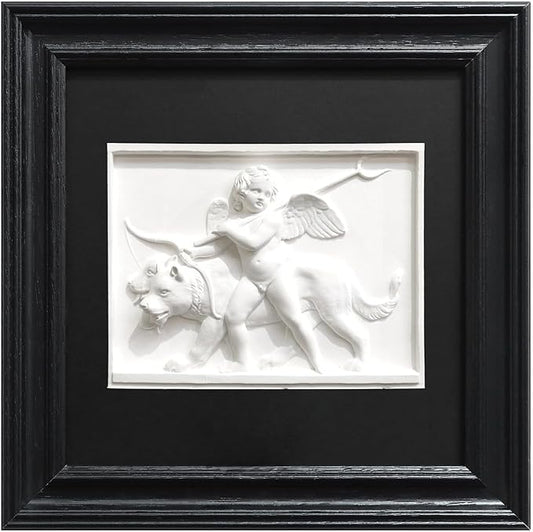 FOLKOR LIFE Framed Black and White Wall Art Sculpture Cherub Angels, Cupid Wall Art Romantic Love Wall Decor Classical Greek Mythology Framed Plaster Relief Sculpture for Bedroom Living Room