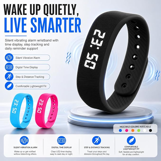 Vibrating Alarm Wristband Clock Smart Watch Bracelets for Mens Digital Heavy Sleepers Fit Wrist Womens Tracker Vibro Vibration Silent Small Distance Teens Shock Despertador Band Alert - Image 2