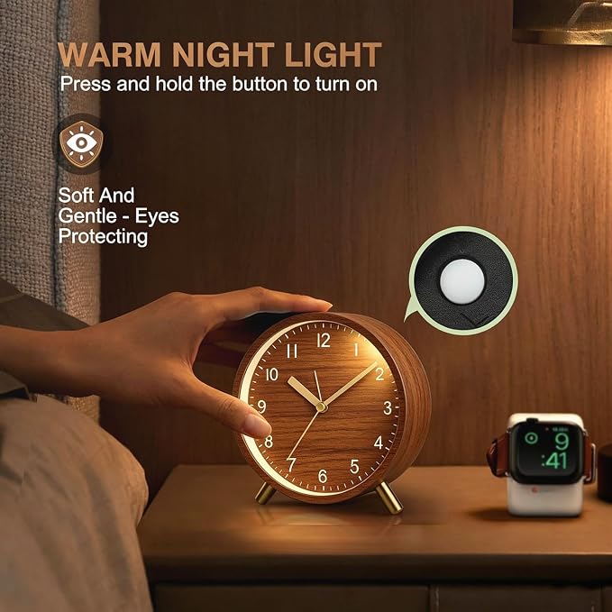 Analog Alarm Clock, Silent Non-Ticking with Night Light, Retro Fashionable Round Metal Alarm Clock for Office, Battery Operated, Bedroom, Elderly, Adults, Men Gifts Back to School,Wood-like Color - Image 4