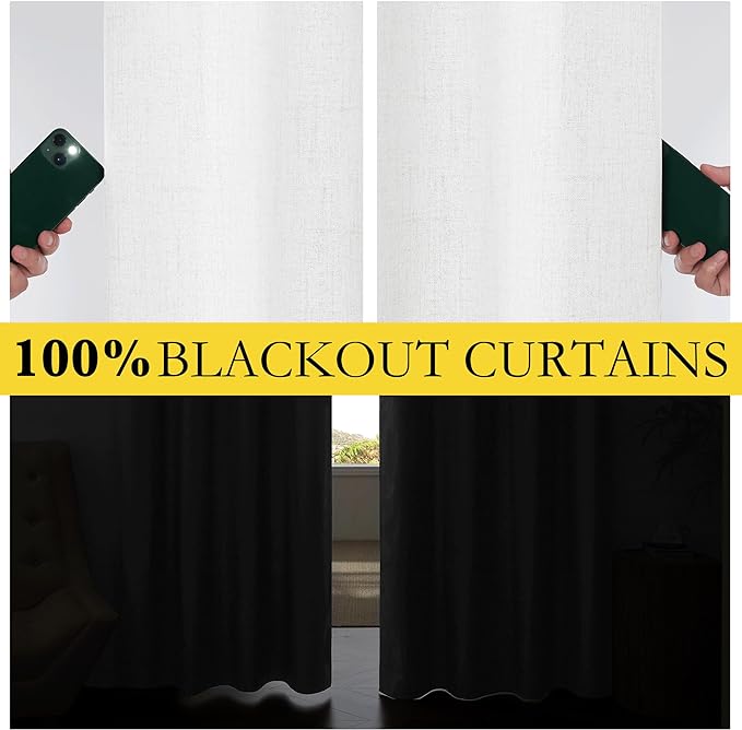 NICETOWN 100% Absolutely Blackout Linen Curtains with Thermal Insulated Liner, Greyish White, 52" Wide, 45" Length Energy Saving Curtains for Living Room 2 Panels Set, Vertical Blinds