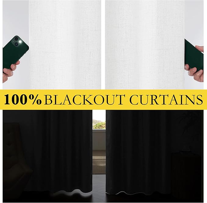 NICETOWN 100% Absolutely Blackout Linen Curtains with Thermal Insulated Liner, Greyish White, 52" Wide, 108" Length Energy Saving Curtains for Living Room 2 Panels Set, Vertical Blinds