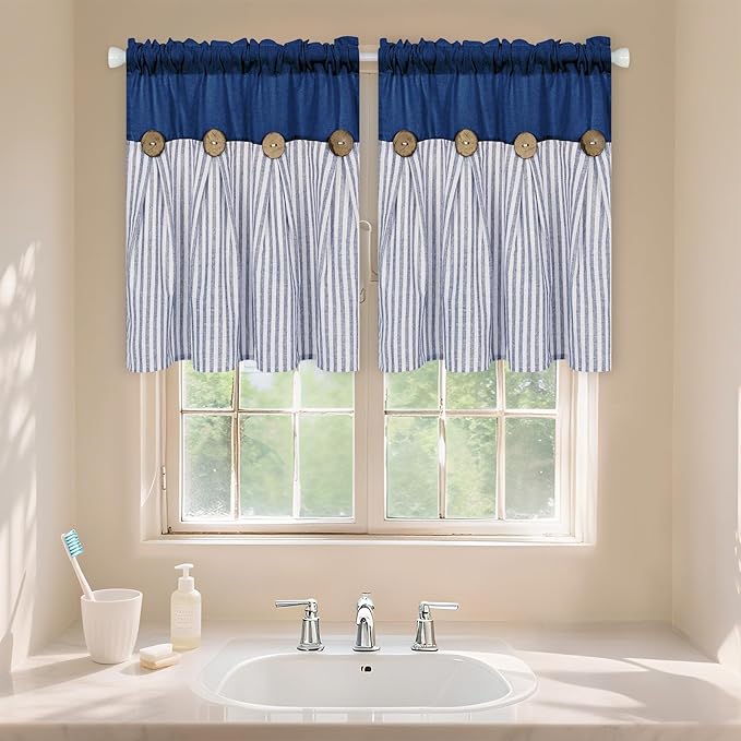 ASPMIZ Cotton Linen Kitchen Curtains 36 Inch Length, Farmhouse Rod Pocket Short Curtains for Window, Blue Striped Small Window Curtain Boho Rustic Button Window Treatment Tiers for Bathroom, Cafe