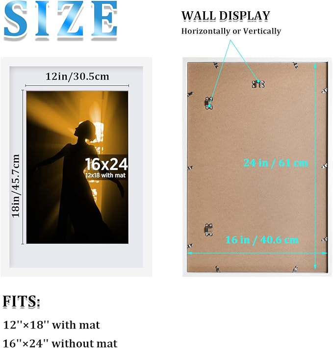 Egofine 16x24 Picture Frame Set of 2 Made of Solid Wood Covered by Plexiglass, Table Top Display and Wall Mounting Photo Frame, White