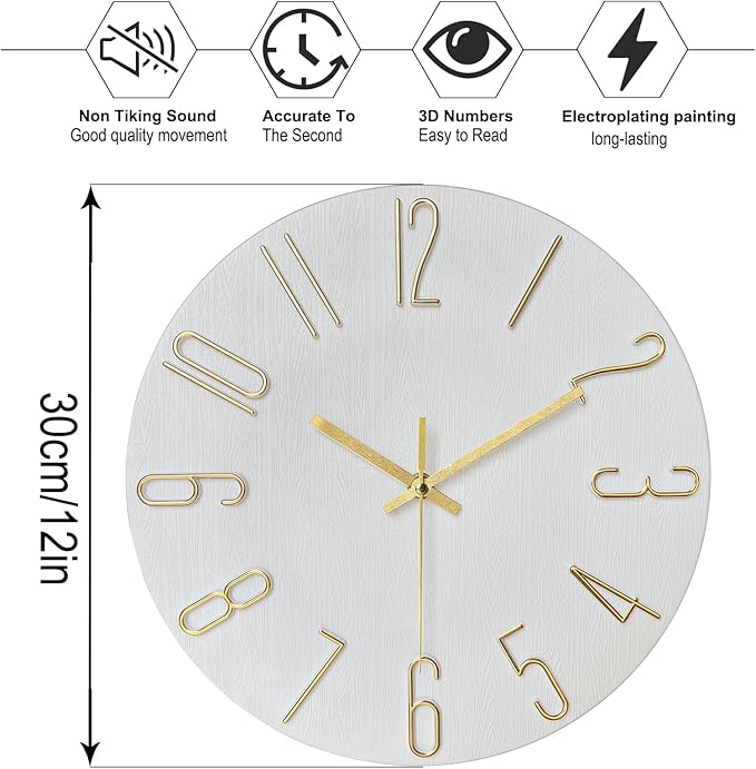 AIRUIFU Wall Clock 12 Inch Silent Non-Ticking Modern Clocks Battery Operated - Analog Small Classic for Office, Home, Bathroom, Kitchen, Bedroom, School, Living Room (White)