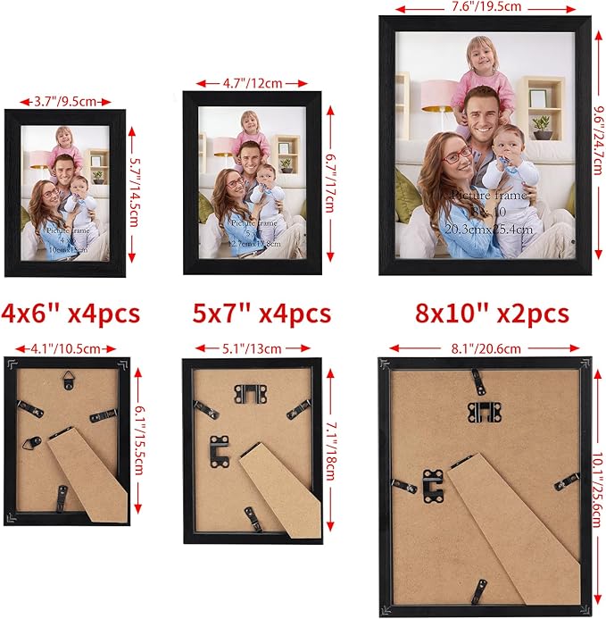 Giftgarden 10-Pack Black Picture Frames for Multiple Sizes Photos, Two 8x10, Four 5x7, Four 4x6, Multi Assorted Photo Frame for Collage Wall or Tabletop Display