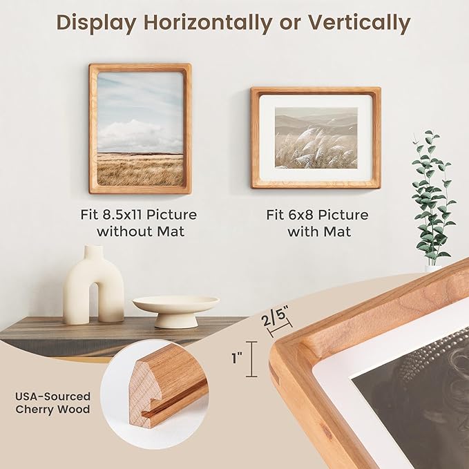 8.5 by 11 Picture Frame, USA-Sourced Cherry Wood Photo Frames with HD Tempered Glass, Handcrafted Rounded Corner 8.5 x 11 Wooden Frames Matted to 6x8 Photos, 8.5x11 Frame, Tabletop or Wall Display