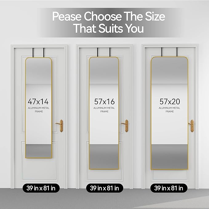 SCWF-GZ 57x20 Door Hanging Full Length Mirror, Floor (Height 5.7ft just Body in 1.3ft) or Wall Mounted Metal Frame Rectangle Dressing Mirrors for Bedroom Bathroom Living Room 57 inch Gold