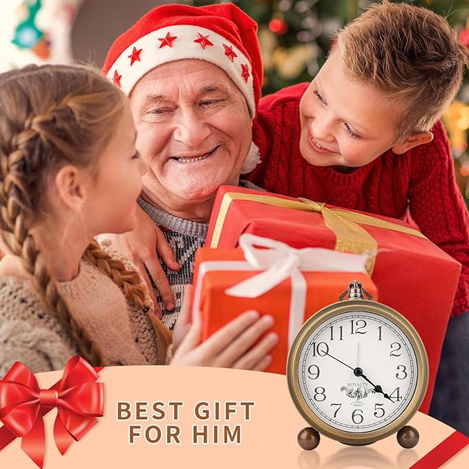 Maxspace Metal Golden Table Clock, Retro Vintage Non-Ticking Small Alarm Clock,Battery Operated Silent Quartz Movement HD Glass Desk Clock for Bedroom Living Room Indoor Decoration Kids?€? (Arabic2)