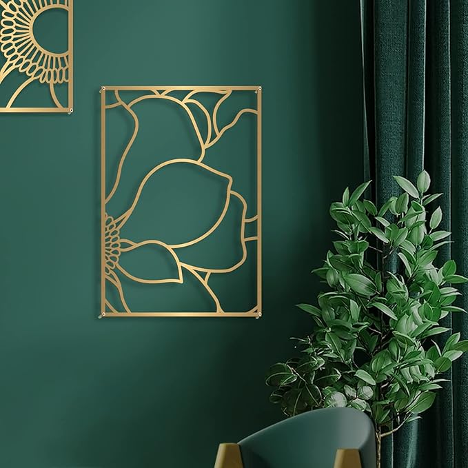 Glamativity Large 4 Pack Gold Wall Art, Minimalist Decor, Real Metal, Nature Floral Abstract, for Bedroom, Living Room, Bathroom (Gold Blossom Style, L Size 22.5 x 15.7'')