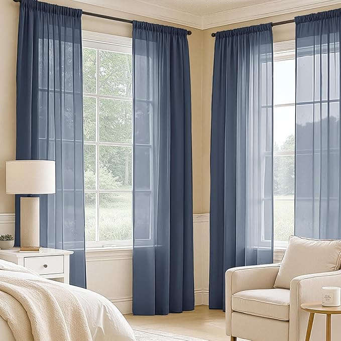 MIULEE Navy Blue Sheer Curtains 84 Inches Long, 4 Panels Set, Light Filtering Rod Pocket Voile Drapes Window Treatments, Semi Transparent Airy Fabric for Bedroom and Living Room, 54 x 84 Inches