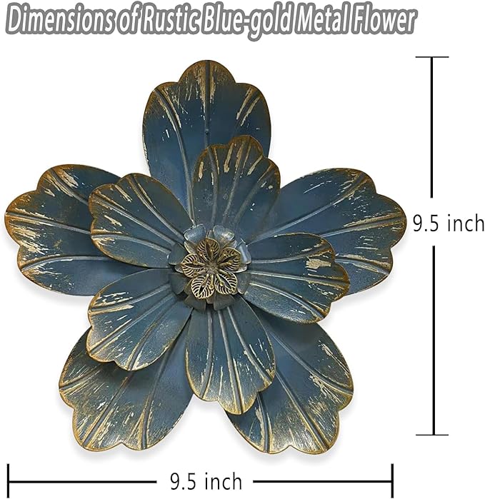 Metal Flower Wall Sculpture, 9.5" Rustic Modern Floral Artwork, Distressed 3D Layered Vintage Iron Flower Wall Hanging Accent for Indoor Kitchen, Bedroom Living Room Office Outdoor Garden Patio Decor (Retro blue)