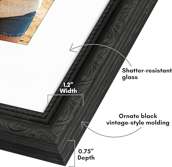 Americanflat 11x14 Picture Frame with Shatter-Resistant Glass - Use as 8x10 Frame with Mat or Display 11x14 Photo Without Mat - Ornate Picture Frames for Wall Display - Black