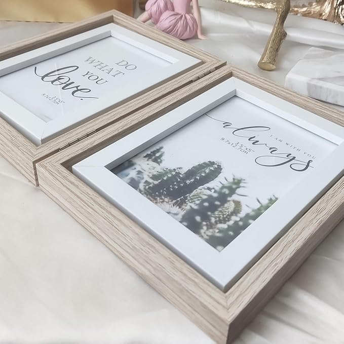 Wooden Hinged Double floating rotating Picture Frame for Photos, 4 * 6 5 * 7 vertical photo Natural Finish (wood color, 5 * 7in)