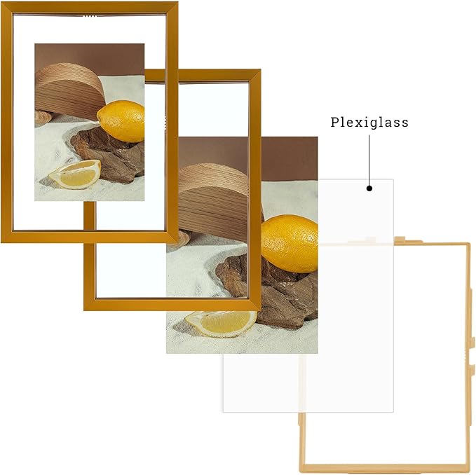Frametory, Floating Picture Frames Set - Bronze Metal Photo Frames - Real Glass - Display One 11x14, Two 8x10, and Four 5x7 Inch Photos for Home Decoration