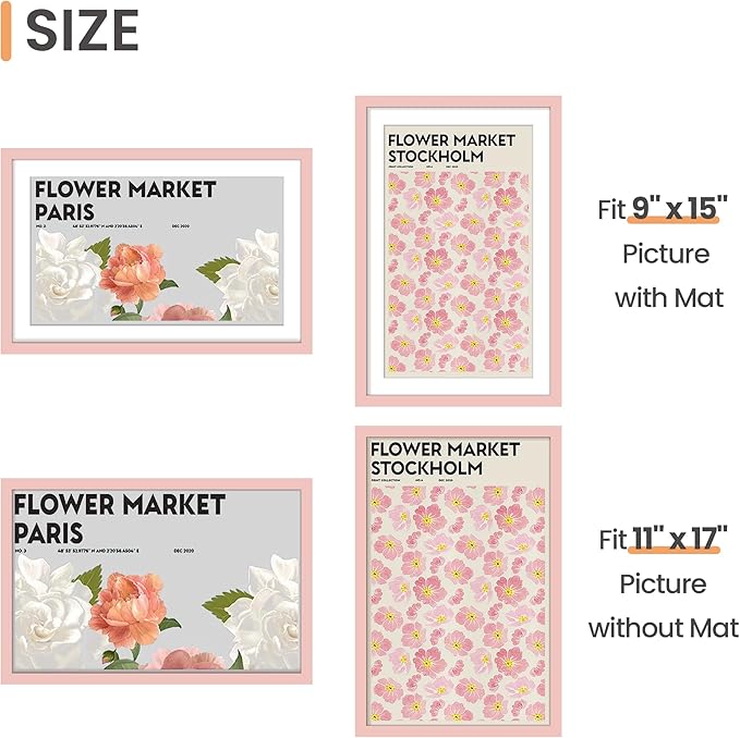upsimples 11x17 Picture Frame, Display Pictures 9x15 with Mat or 11 x 17 Without, Wall Hanging Poster Frames, Pink, 1 Pack