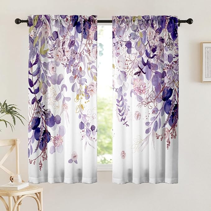 Purple Eucalyptus Floral Curtains 63 Inch Length Watercolor Flower Plant Light Filtering Curtains for Living Room Farmhouse Rustic Dining Room Curtain Wildflower Kitchen Curtain 2 Panels
