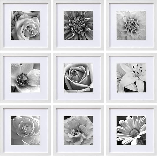 eletecpro 12x12 Picture Frames Set of 9 with Clear Acrylic Cover, Display 8x8 Photos with Mat or 12x12 Without, Classic and Sturdy Square Collage Gallery Wall Decor, Easy Wall Mount, White