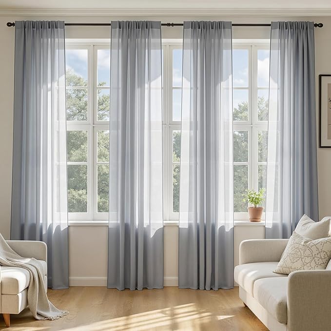 MIULEE Dark Grey Sheer Curtains 90 Inches Long, 4 Panels Set, Rod Pocket Light Filtering Window Drapes for Bedroom and Living Room, Elegant Airy Fabric, 42 x 90 Inches