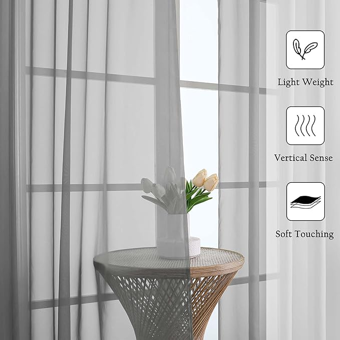 Lecloud Charcoal Grey Sheer Curtains for Living Room 96 Inches Long 2 Pcs, Airy Solid Color Light Filtering Curtains for Bedroom Dining Room, Dual Rod Pocket Drapes, Each Panel 59" W x 96" L