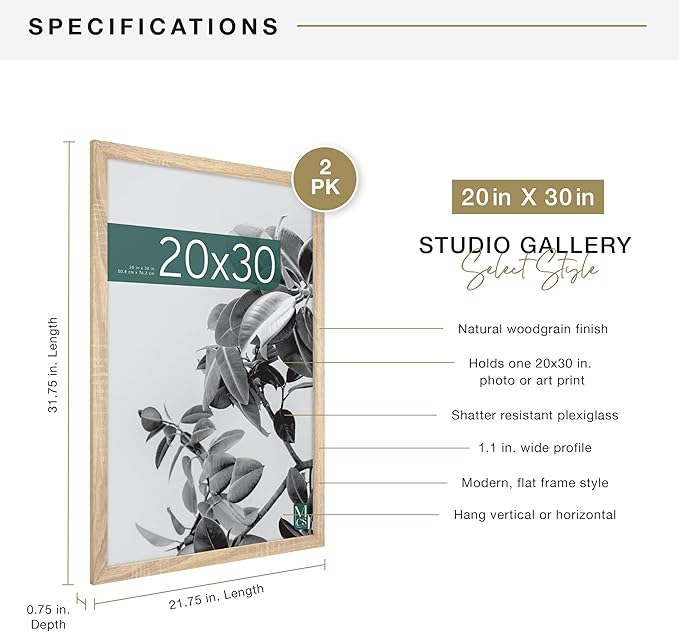 MCS Studio Gallery 20x30 Poster Frame Natural Woodgrain Engineered Wood, Vertical & Horizontal Wall Hanging Large Picture Frame for Photos, Posters & Art Prints (2-Pack)