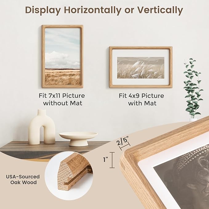 Fun Memories 7x11 Picture Frame, USA-Sourced Oak Wood Photo Frames with HD Tempered Glass, Handcrafted Rounded Corner 7 x 11 Wooden Frame Matted to 4x9 Photos, 7x11 Frames, Tabletop or Wall Display