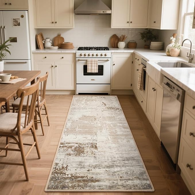 HOMORE 2x6 Runner Rug for Kitchen Hallways Runners Rugs,Beige Area Rug Non Slip Washable Rugs for Entrway Soft Abstract Carpet for Entrance Bedroom Living Room Laundry Bathroom