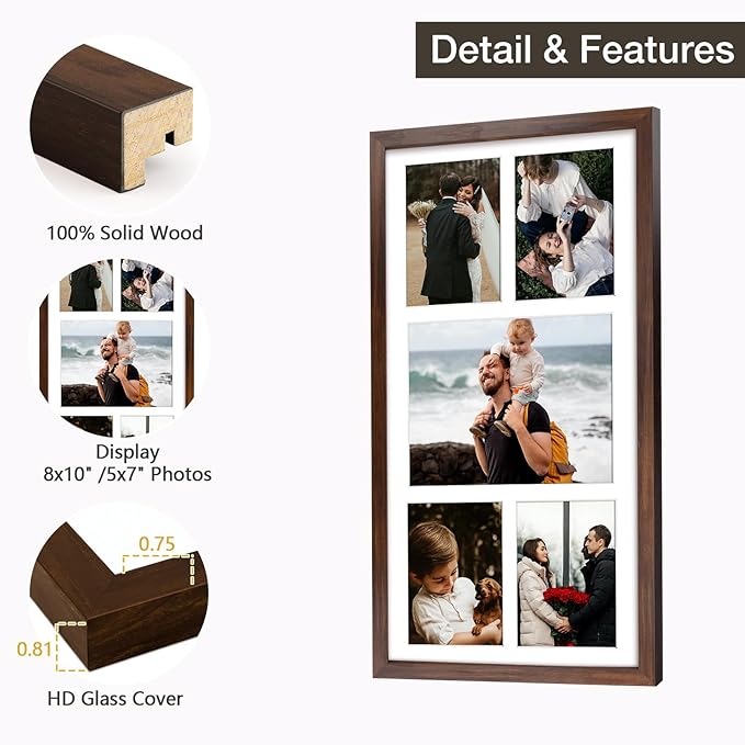 12x24 Brown Wood Picture Frame - White Mat for 8x10 and 5x7 Photos - Real Glass, Sawtooth Hanger, Swivel Tabs - Wall Mounting - Great for Posters, Weddings, and Engagements