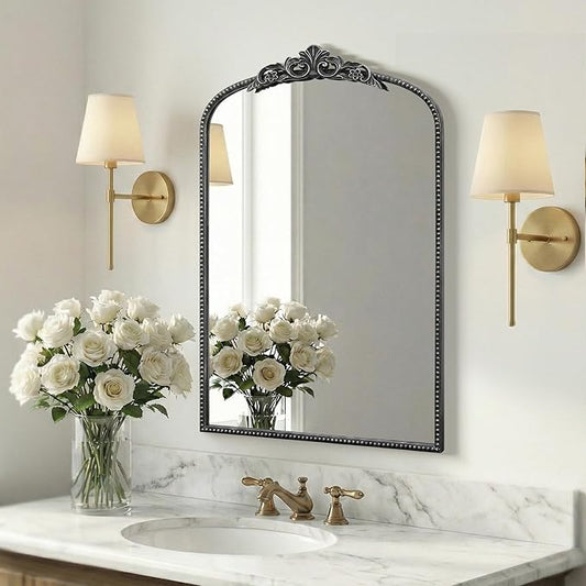 Micasso Vintage Wall Black Mirror: 24" x 36" French Baroque Antique Mirror - Traditional Ornate Decorative Arched Mirrors for Wall/Bathroom/Entryway/Fireplace/Hallway - Home Decor for Living Room