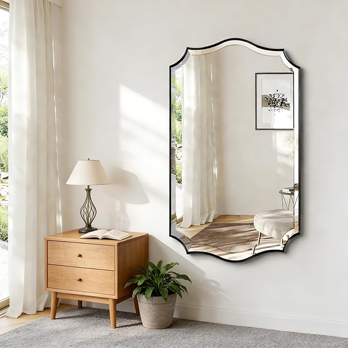 POZINO Scalloped Beveled Mirror, 30"x48" Modern Rectangle Mirrors for Over Sink, Large Wavy Decorative Mirrors, Irregular Shaped Mirror for Vanity Bathroom Living Room Bedroom Fireplace Entryway
