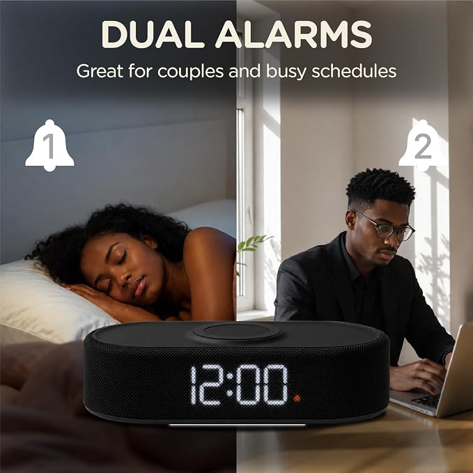 Fabric Digital Alarm Clock for Bedroom, Wireless Charging, Black - Image 5