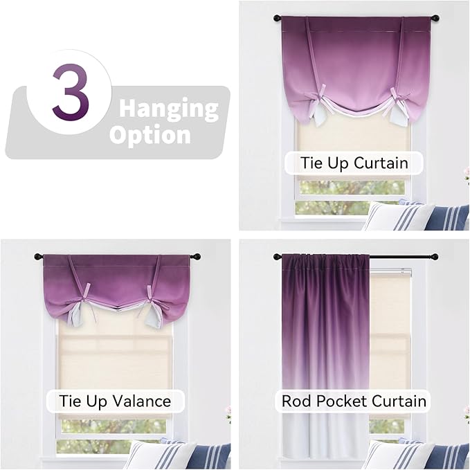 COSVIYA 100% Blackout Ombre Purple Adjustable Tie Up Curtains for Kitchen Thermal Insulated Room Darkening Valance Rod Pocket Balloon Roman Shade for Small Window,48" L x 42" W, 1 Panel