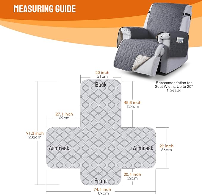 VANSOFY 100% Waterproof Recliner Chair Covers, Recliner Cover Non-Slip Dog Chair Cover Furniture Protector Washable Slipcover with Pocket, Elastic Straps for Kids Pets, Dogs(Dark Gray, 20")